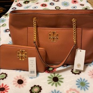 Coral Pink Tory Burch purse and wallet